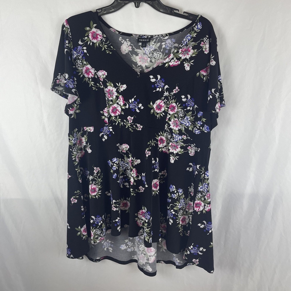 Torrid Blouse Womens 1 Black Pink Floral V-Neck Top Short Sleeve Flower